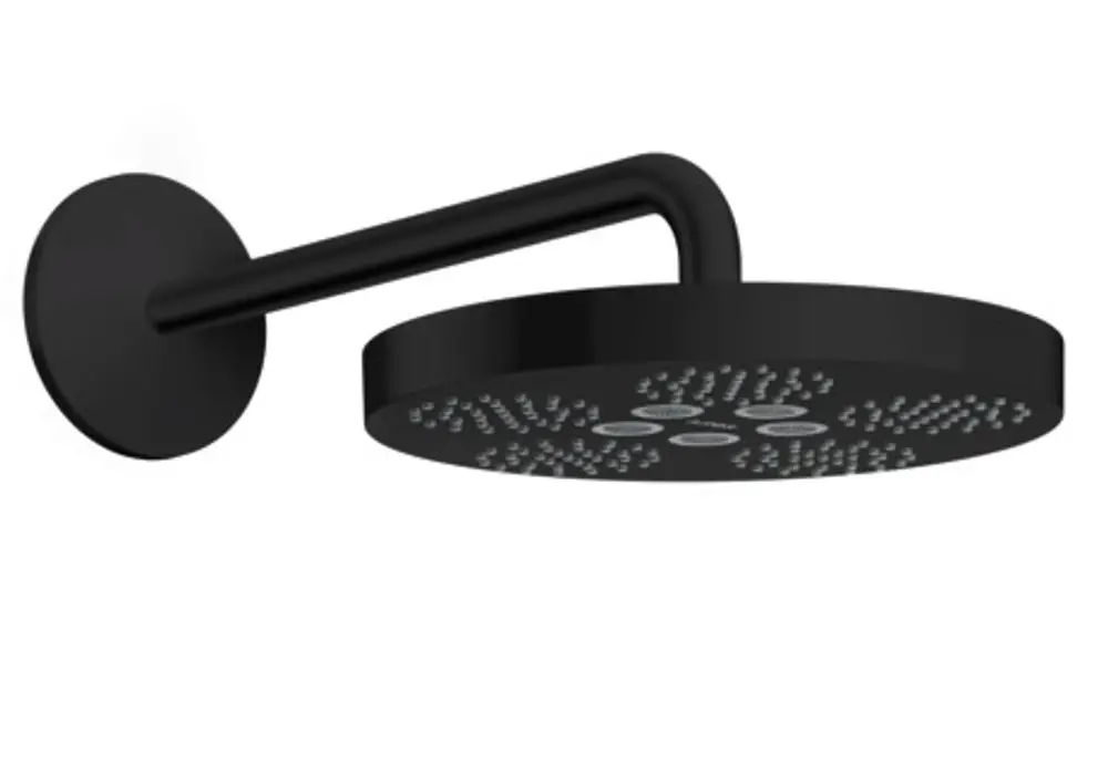 Schwarze Kopfbrause mit runder, flacher Oberfläche und fest verbundenem Brausearm. Das Design ist schlicht und modern, hergestellt von AXOR.